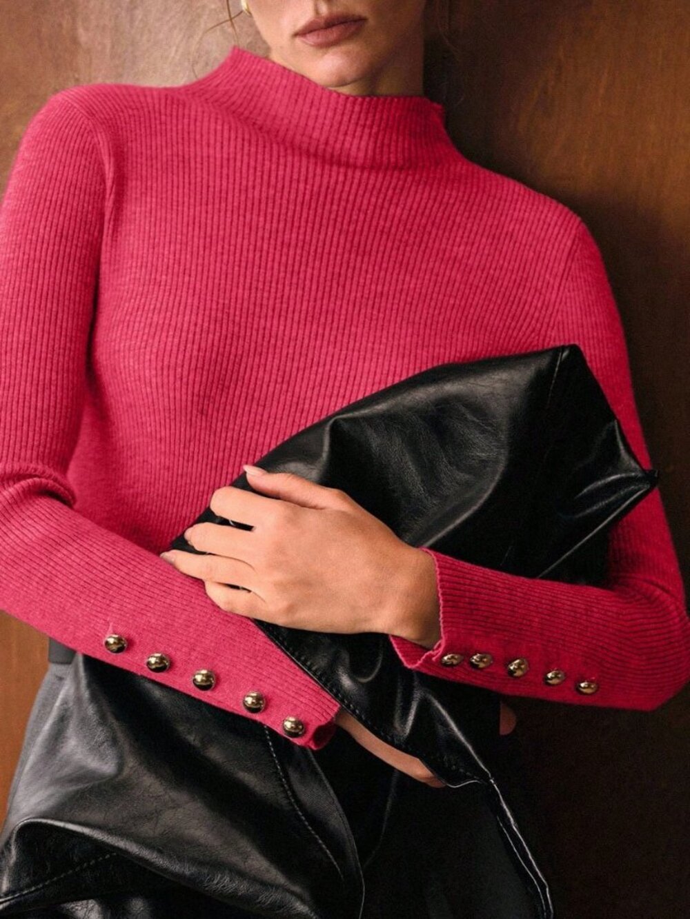 Hot Pink Casual Women's Slim Fit Funnel Neck Minimalist Sweater - Picture 1 of 8